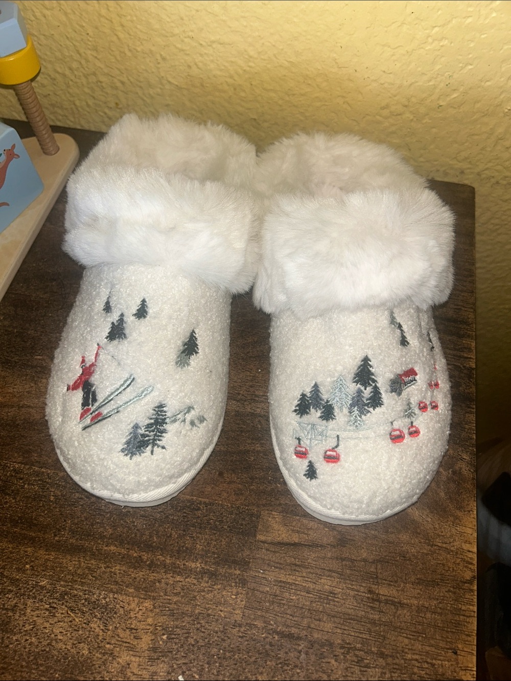 American Eagle Outfitters Kids White Fleece Ski Scene Slippers